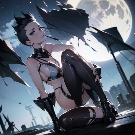 a beautiful white woman, hair color black, with very short mohawk haircut, wearing heavy black eye makeup and eyeliner, multiple piercings, sitting in front of a big full moon, in a sky with beautiful stars, cinematic lighting, high contrast, dramatic ligh...