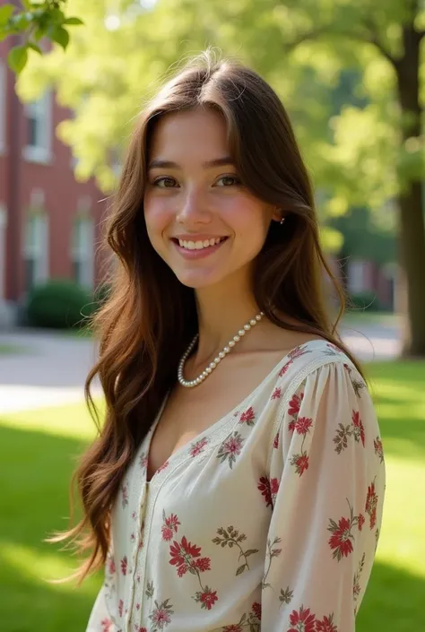 white university student american girl with brown long hair and eyes, wearing a white floral vintage blouse and a pearl necklace.