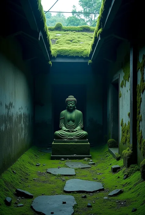 Ancient Japanese temple。Walls and roof are dilapidated。Moss-covered。

Buddha statue inside the building。Not large、Not grand。Somewhere creepy。

Time is midnight、The surroundings are dimly visible in the moonlight。The temple has no lighting or other such thi...