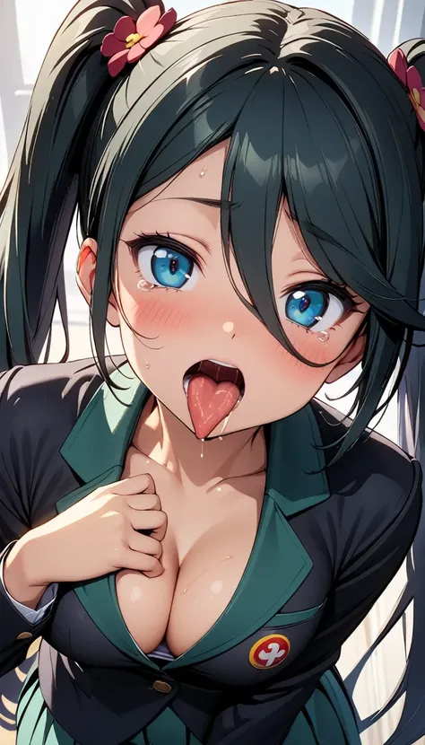 (1girl, kamazuki suzuno, hataraku maou-sama!), beautiful detailed eyes, Blue eyes, half-closed eyes,(opened big mouth, licking, Sticky tongue), nsfw, (close-up mouth), (curvy, Slender),(cleavage), from above, Highest quality, Super detailed, masterpiece, U...