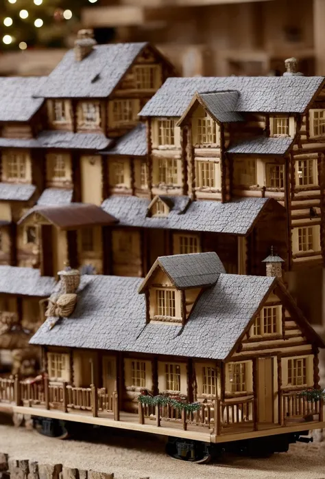 wooden calendar house，above it is a wooden train，behind it is a row of christmas cabins