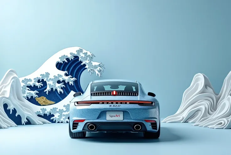 generate a stunning, minimalist scene featuring a Porsche 911 GTS, numberplate reads "Sigma Art", adorned with intricate Japanese wave art painted on thew car, inspired by Hokusai’s The Great Wave off Kanagawa. The car’s livery seamlessly blends shades of ...