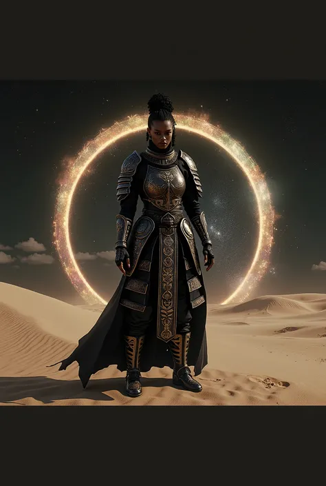 Black samurai woman in the desert with a circular portal in the background, , very high detailed and clear image, providing a cinematic look like shot from a 70mm lens panavision camera, 32k high definition and high resolution images, unreal engine 5 rende...