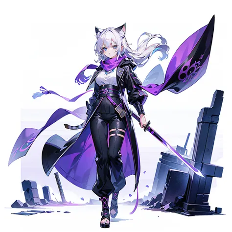 1个Giant Breast Girl，solo，(loli picture)，（（（white color hair））），（flatchest），Delicate face and beautiful eyes，Delicate hair，A particularly long strand of side hair)，(Cat Ear Hood)，One eye is covered by a hood，scarf，(White background 1：：5)，standing painting s...