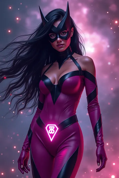 1girl, long black hair, crown-shaped superhero mask, magenta scheme with black accents, long elbow gloves, thigh-high boots, cut out bodysuit, 8 edged star logo on groin, glowing aura, space background