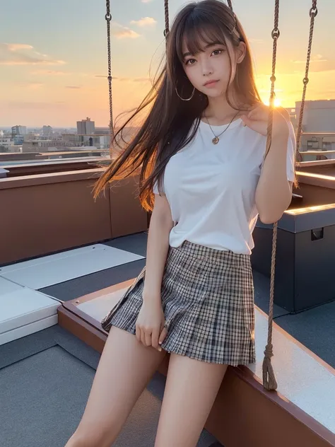 masterpiece,Highest quality,1 girl,Cowboy Shot,Front view,Young and cute Japanese,A small smile,lunch break,((rooftop,beautiful sunset,The wind blows her long hair,swing the skirt:1.5)),Schoolgirl uniform,Summer clothes,wear,((Ultra-short checkered micro m...