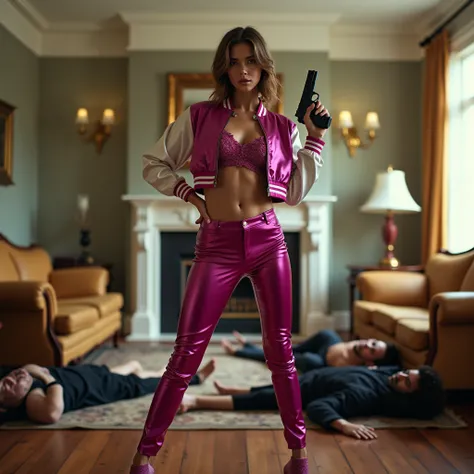 wide depth of field, wide depth of focus, f/11 lens setting, all objects in focus, living room background, full body image, magenta and white short cropped soft satin bomber jacket,  woman posing with a pistol ,，almost perfect, pure form, intricate details...