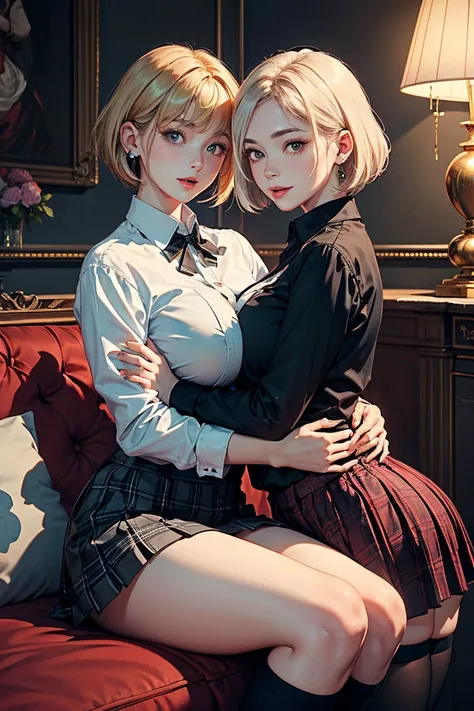 (Two women:1.2)、(masterpiece:1.4)、(of the highest quality:1.4)、ultra high resolution、animated style、beautiful features、Short blonde bob、short black bob、earrings、Gray collared shirt、Plaid pleated skirt、black stockings、(huge breasts:1.1)、Red face、smile、huggi...