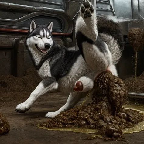 a hyper realistic, ultra detailed image of a husky, fat, (((((feral, husky, solo, raised leg, eyes closed, knot in sheath, urine...