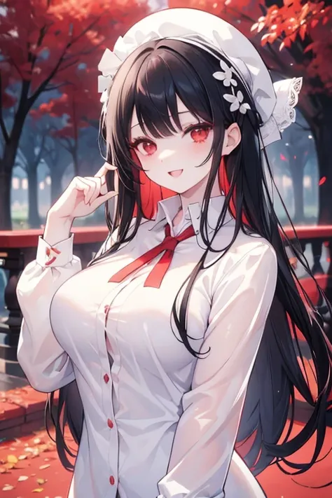 (masterpiece, best quality),  intricate details, 
1girl,black hair, Red eyes,  light red hair, white hair tips, 
Big breasts, smiling, opened mouth, wear white shirt, long Sleeve shirt,  Red checkered shirt, Park background