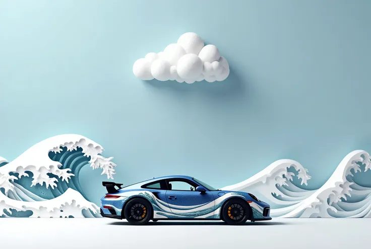 generate a stunning, minimalist scene featuring a Porsche 911 GTS, numberplate reads "Sigma Art", adorned with intricate Japanese wave art painted on thew car, inspired by Hokusai’s The Great Wave off Kanagawa. The car’s livery seamlessly blends shades of ...