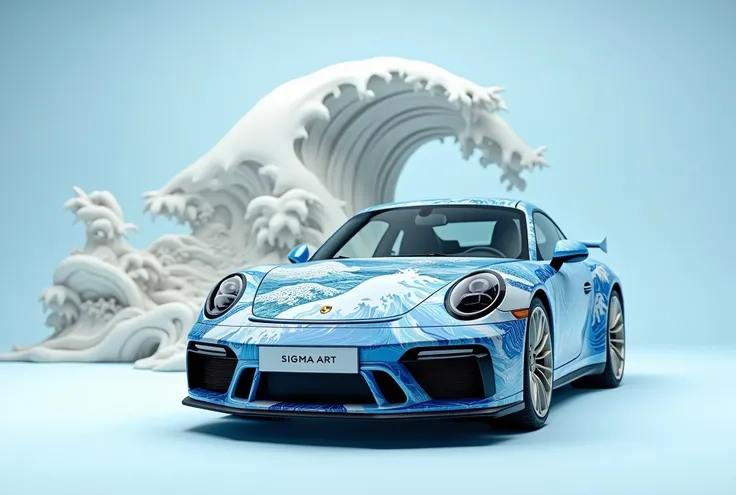 generate a stunning, minimalist scene featuring a Porsche 911 GTS, numberplate reads "Sigma Art", adorned with intricate Japanese wave art painted on thew car, inspired by Hokusai’s The Great Wave off Kanagawa. The car’s livery seamlessly blends shades of ...