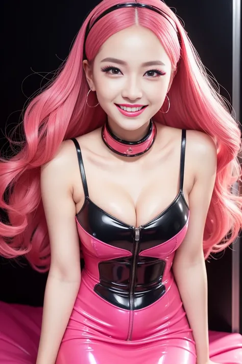 nsfw、sexy stylish female idol、glossy lipstick、smiling face、defined eyebrows、ultra detailed vivid makeup、very long lashes、full body Esbian、sheer latex dress（neon pink）、Colorful hair