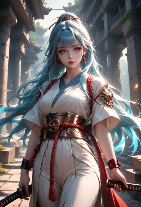 girl 1, hkwarrior, holding a katana in his hand, katana emits a blue glow sharp, beautiful figure, samurai, belt of ropes interw...