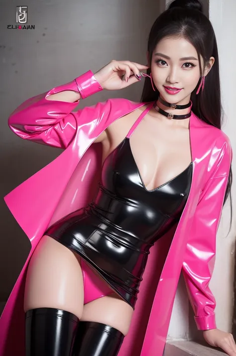 nsfw、sexy asian fashion model、glossy lipstick、smiling face、defined eyebrows、ultra detailed drama makeup、long lashes、full body Esbian、ultra detailed latex business dress（neon pink）、latex choker、latex bracelets、Colorful hair