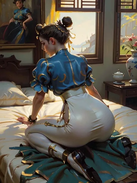 (aoc:1.1), (oil painting:1.4), from behind, ((lying face down on the bed)), accentuate butt, (curvaceous, on all fours, stick bu...