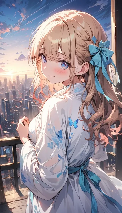 高いquality illustration, masterpiece, Very delicate and beautiful, attractive,(White bathrobe),thin,Slender body,slim、Gazing at the cityscape from a high-rise apartment,Veranda Background,Princess, Beautiful Eyes,smile、Embarrassing、blush、(masterpiece, Highe...