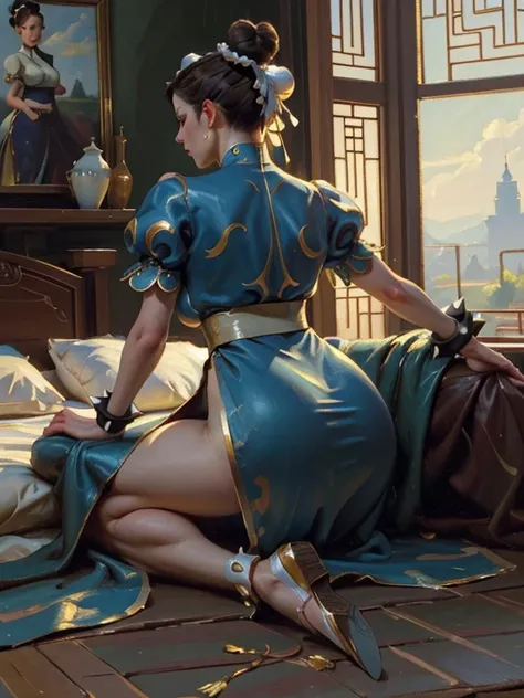 (AOC:1.1), (Oil painting:1.4), from behind, POV erotic pose, ((Lying face down on the bed)), ((Accentuate butt)), (Curvaceous, Stick butt out), Slightly Wide hips, thick thighs, (Chun-Li:1.3), brown hair, ((Bun and bun cover on both sides of the head:1.4))...