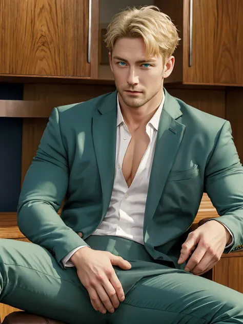 loyd_forge, 独奏, looking at viewer, short hair, blue eyes, blonde hair, full chest muscles, swelling of chest muscles, 1boy, sitt...