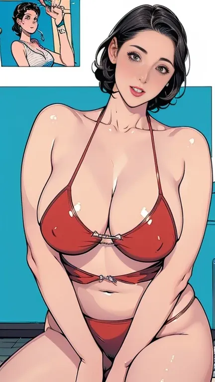 1，short hair，Photorealism，detailed，masterpiece，mature，((full))， (Broad shoulders), ((Huge))，（Slingshot swimwear:1，Showing cleavage，look at your thighs，On a beautiful beach，smile，masterpiece，高品質のAn illustration,, An illustration：Zoe Mozart, pin up art byZoe...