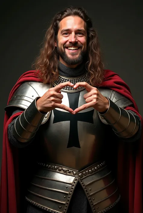 front chest ,With both hands　make heart sign, cinema shooting, standing pose, action pose,  12th century, One of the Teutonic Knights, (Germany man, 30 age-old, brown  hair, long hair, beard, mustache, big smile), make double V sign , Cover the whole body ...