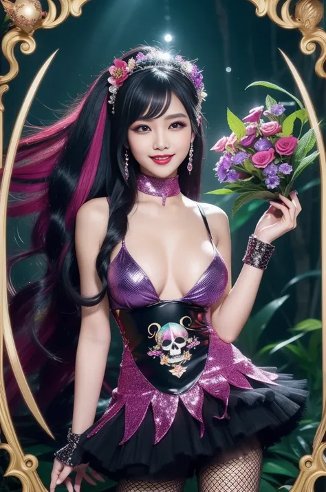 sexy Indonesian Model who controls poison、happy smile、glossy lipstick、long lashes、smokey eyeshadow、look at the camera、full body Esbian、、sparkling poisoned flower costume、、、、shiny sparkling multicolor hair、secrete poison、skull hair accessories、fishnet tight...