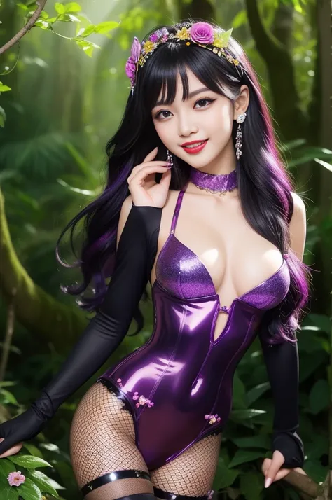 sexy Indonesian Model who controls poison、happy smile、glossy lipstick、long lashes、smokey eyeshadow、look at the camera、full body Esbian、、sparkling poisoned flower costume、、、、shiny sparkling multicolor hair、secrete poison、skull hair accessories、fishnet tight...