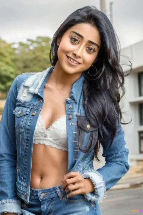 Close up photo of naked Shriya saran in schoolgirl dress, ,RAW photo, a close up portrait photo of a pretty girl, smiling, full jeans, skinny body, denim jacket without bra (lust), slim body, (library background), (high detailed skin:1.2), 8k uhd, dslr, so...