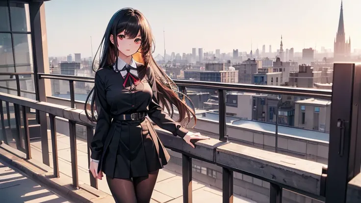 Tabletop, Highest quality, One Girl,alone,whole body,Are standing, Long Hair, High heels,school uniform,A city scape,Outdoor, city,,(chirp:1.5),(black tights:1.1),,Perfect body、(((1 female)))、(((Beautiful and accurate five fingers)))