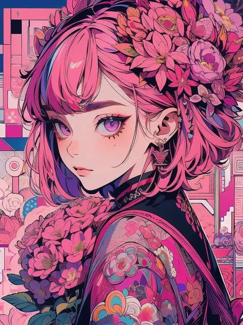 (ultra-detailed background, detailed background), absurdres, highres, ultra detailed, extremly detailed, 1girl, yae miko, pink hair, purple eyes, (bunch of flowers:1.3), (zentangle:1.2), (geometric:1.2),(colorful),