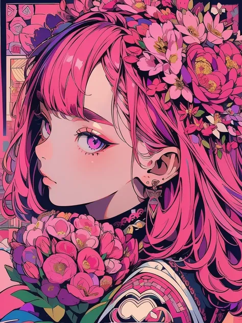 (ultra-detailed background, detailed background), absurdres, highres, ultra detailed, extremly detailed, 1girl, yae miko, pink hair, purple eyes, (bunch of flowers:1.3), (zentangle:1.2), (geometric:1.2),(colorful),