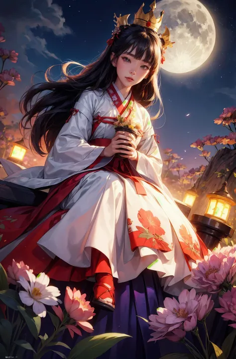 best quality, high_resolution, distinct_image, detailed background ,girl, hanbok,flower,garden,moon, night,dutch angle, wide shot, crown,