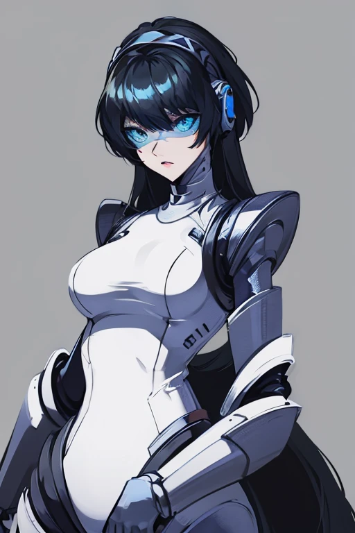 empty eyes,robotized woman ,big bust,Robot Joint ,Metal skin,Black Suit,long hair,a black suit that covers the whole body,aegis(persona3)