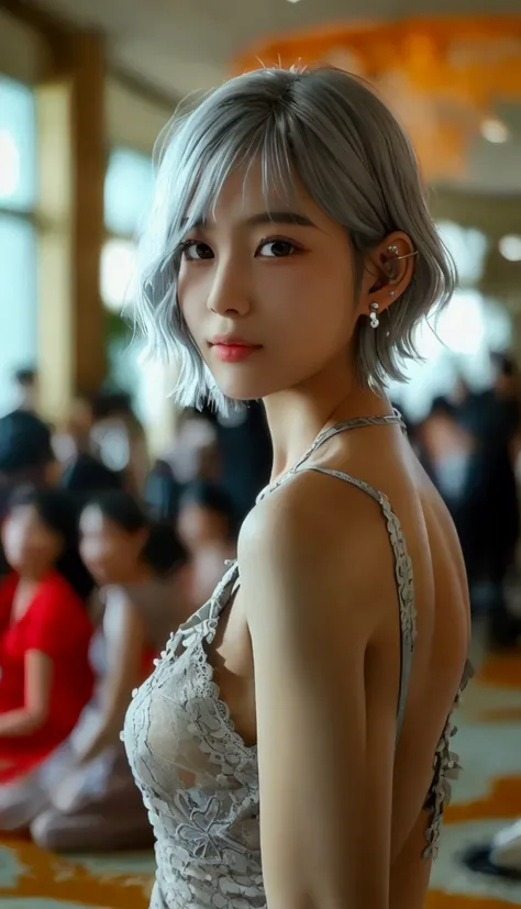 (8k, Photorealistic, Raw photo, Highest quality: 1.4),Japanese idol-style beautiful girl,1 person,18-year-old,(Short Bob),(Silver Hair :1.2),She has her hair tucked behind her ears,Clear grey eyes,Long eyelashes,(piercings(small)),(Lip gloss(red)),lips(Plu...