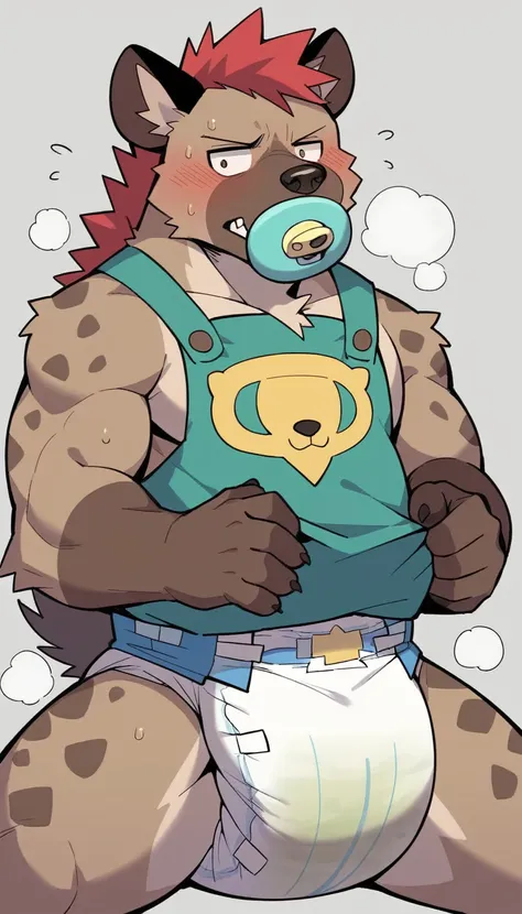 One person、((Male hyena wearing a dirty baby diaper)))、(middle aged)、Stubble、Grey body、long bangs hide the eyes、Furry、masterpiece、Highest quality、Sucking on a pacifier、bib、Embarrassed face、steam、Holding a stuffed toy、Dirty diaper、Wearing a tattered heros c...