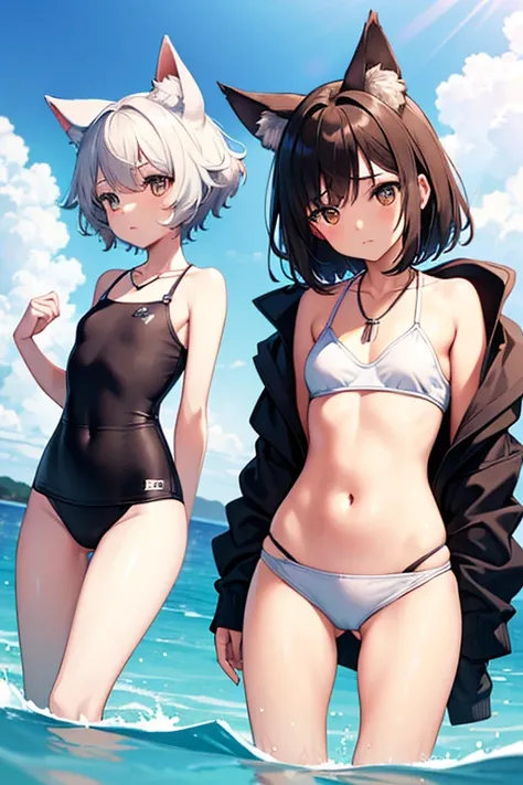 Two Girls　cute　Background　inside Sea　(Two Girls　Wolf ears　Brown short hair　White shorthair)　Petite　Normal chest　Thin thighs　Necklace Swimsuit　Clothing　hoodie　Swim ring
