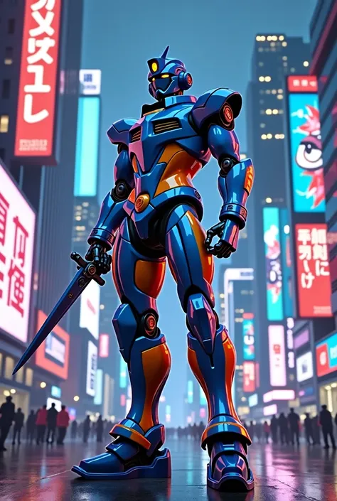 robot, humanoid, futueistic gundam robot, blue and orange body, sword in right hand, wearing a formal shirt