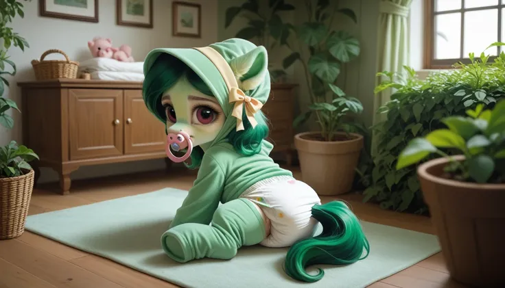 pony, Pegasus, adult filly, emerald green fur, a lush mane, gathered in a bonnet, bushy tail, sitting in the room on a soft play mat, dressed in onesie and booties, pacifier in mouth, solo, thick diaper under clothes.