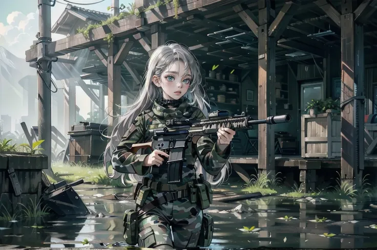 one woman,sniper兵,sniper rifle,barrett m72,playing a very long barrel, ((blue eyes,gray hair)) the woman is a survival game avat...