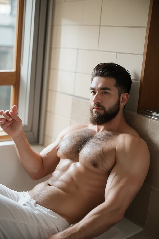 ((best quality)), ((masterpiece)), (detailed), perfect big detailed hairy plump muscle man in bath , beard, dark skin color, skinhead, Japanese men, 