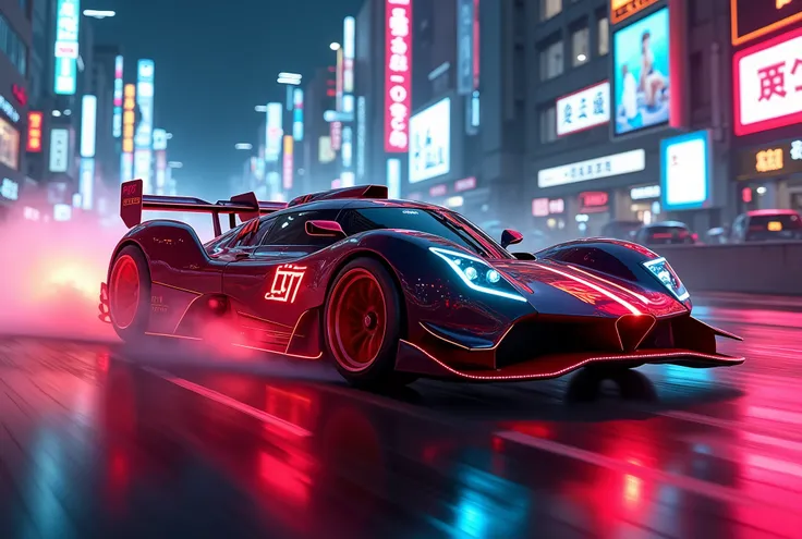 Best quality, masterpiece, ultra high res, Capture the adrenaline-fueled excitement of a sleek, high-performance racing car dripping, red, blue, fires, neon light, dust, full car show, from side, cyberpunk racing car, tokyo cyberpunk night,Detailed,Realist...