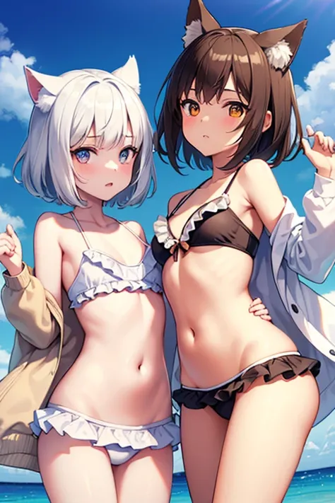 Two Girls　cute　Background　inside Sea　(Two Girls　Wolf ears　Brown short hair　White shorthair　Frilled bikini　Oring Bikini　Clothing　hoodie)　Petite　Normal chest　Thin thighs　first round 　hold a float in your hand