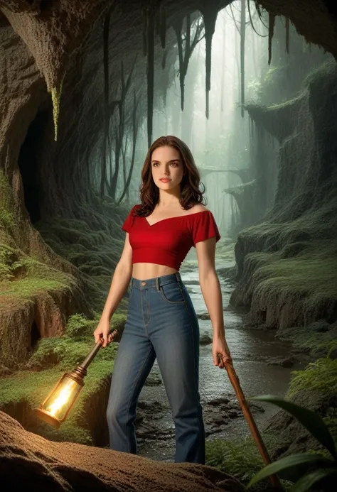 "beautiful bioluminescent angelina jolie as indiana jones in a cave, wears a red top, holding a torch, pretty, gold medalion, gl...