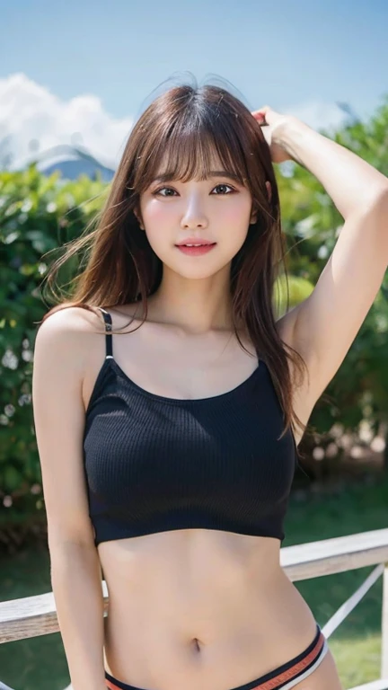 (Highest quality,8K quality,masterpiece:1.3),(Ultra-high resolution,Realistic:1.4,RAW Photos), Detailed body:1.4, Young appearance:1.8, Natural soft light, whole body:1.3, Navel exposed:1.6, ((Excited:1.8))