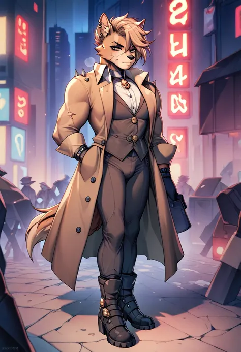 a anthropomorphic dog furry yellow detective buff,muscular wearing a detective outfit,brown trench-coat,scars,thick,30’s style. ...