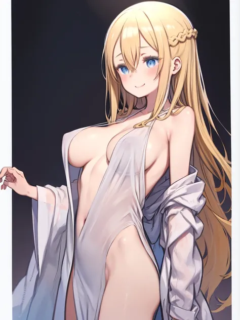 One Woman、bathrobe、Blonde Hair、Hair between the eyes、long hair、Blue Eyes、Big Breasts、Huge breasts、After the shower、Beautiful woman after bathing、naked、全naked、Standing in a bathrobe、Touching the ears、Smiling、blush、Sweat、Upper Body、Angle from the front、Simpl...