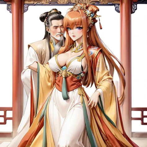 ((Highest quality)), ((masterpiece)), (detailed), （Perfect Face）、The woman is Maya Cordelia, an Empress of ancient China, with orange, semi-long hair. She is wearing a luxurious Hanfu costume fit for an ancient Chinese Empress, her hair styled in an ancien...