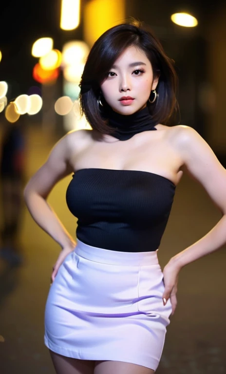 ( (((A beautiful woman))), (beautiful hips),(((detailed face))),(flawless complexion), perfect body anatomy, hands on hips, huge breasts,pretty,white sleeveless turtle neck, white silky clothes, purple mini-skirt, 4k , super high resolution ,(photo-realist...