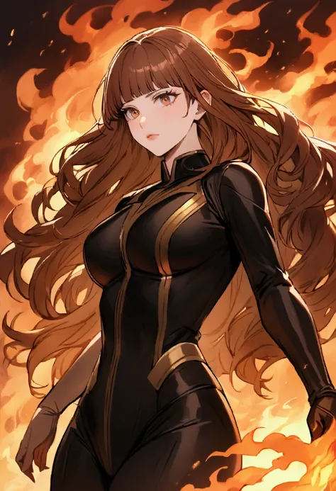 Brown haired women with bangs. Long hair and brown eyes. She is a pro hero and wears a black hero suit without a cape. Her Power is fire.