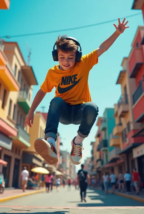 ((best quality)), ((masterpiece)), (detailed), 1 handsome boy, parkour is jumping from up to the ground, nike sneakers, headphones, backpack, colorfull city, crowded people down there